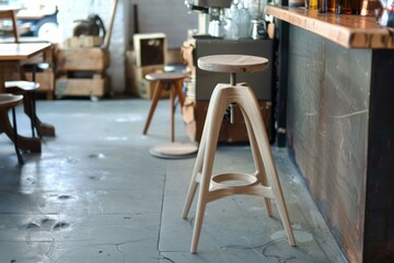 Light brown adjustable height wooden stool standing in front of a bar counter in a trendy industrial style cafe