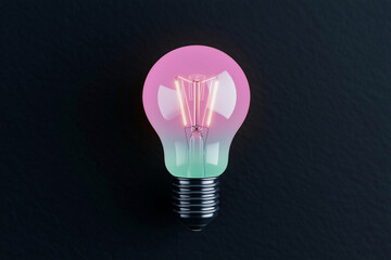 Poster - Light bulb with pink and green gradient on a black background. Glowing light bulb with filament on dark background