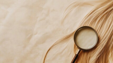 Poster - Magnifying glass examining damaged hair strand on a light textured background. Generative AI