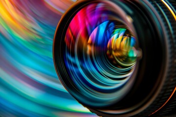 Poster - Close up of a camera lens reflecting a spectrum of vibrant colors with dynamic light trails, showcasing the beauty of optics and photography