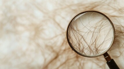 Poster - Magnifying glass inspecting a damaged hair strand revealing intricate details and texture. Generative AI