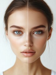 Fototapete - Contrast of natural beauty and full makeup showcased on a womans face in a minimalist setting. Generative AI