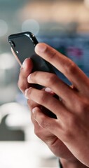 Poster - Man, hands and phone in office for finance, business communication and economy research. Accountant, mobile and typing in agency for investment proposal, schedule update and online advice at bokeh