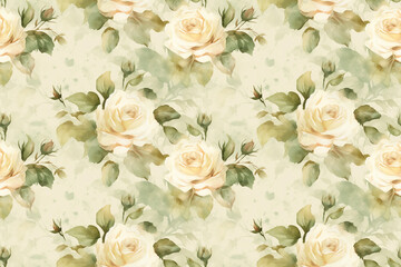  Seamless watercolor roses green and beige background pattern wallpaper