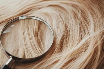 Poster - Magnifying glass reveals detailed damage on a hair strand in a focused examination of hair health. Generative AI