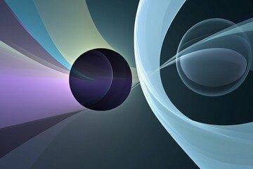 Poster - Abstract composition of swirling forms and spheres against a dark background showcasing a blend of colors and shapes