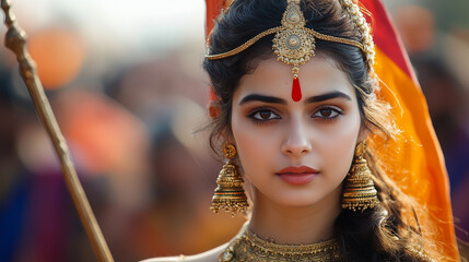 A beautiful Indian woman dressed as Goddess Durga holds the Indian flag during an event dedicated to the celebration of Republic Day in Guwahati. The models are dressed in traditional clothes