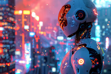 A futuristic robot stands overlooking a vibrant cityscape illuminated by neon lights. Concept of technology and future vision. For science fiction theme.