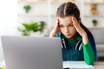 Poster - Bored Young Female Pupil Sitting At Desk With Laptop Computer At Home, Tired Upset Adolescent Having Problems With Online Education, Suffering Difficulties With Distance Learning