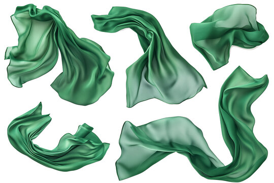 Set of floating elegant green fabrics isolated on white background
