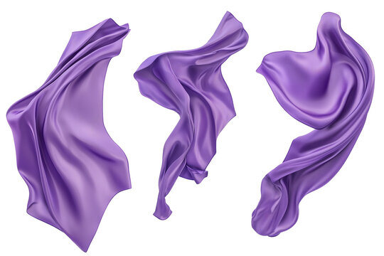 Set of floating elegant violet fabrics isolated on white background