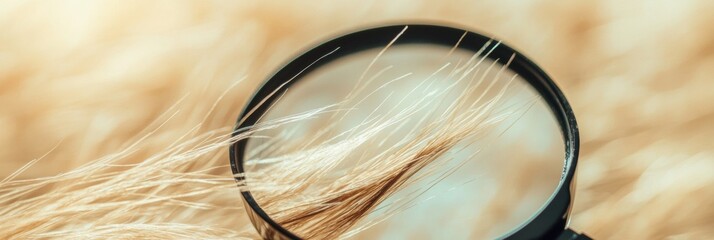 Fototapete - Magnifying glass highlights the details of a damaged hair strand on a soft background. Generative AI