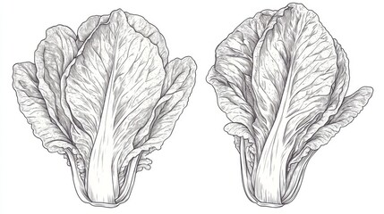 Wall Mural - Two Napa Cabbages, Botanical Illustration, White Background, Food Recipe