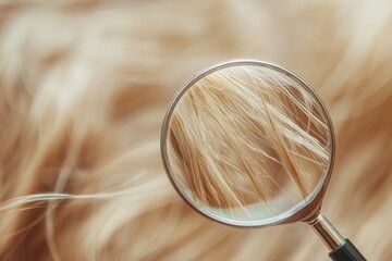 Poster - Magnifying glass reveals details of damaged hair strand under focused examination. Generative AI