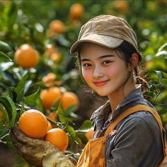 Wall Mural - In an orange orchard a beautiful Chinese rural girl wearing work clothes and slightly dirty gloves is picking oranges The lines on her skin from the sun are clearly