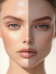Aufkleber - Natural beauty contrast with one side showing makeup and the other side showing a fresh natural appearance. Generative AI