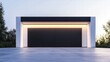 © Andrew - Modern Garage Design: Sleek and minimalist garage design with black panels, illuminated by a warm light strip above the door, set against a backdrop of lush greenery.