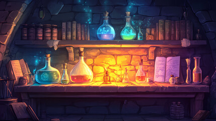 Canvas Print - Mystical and enchanting medieval alchemy lab with glowing potion bottles, ancient manuscripts, and magical artifacts on stone shelves. Alchemy & Magic Symbols. Illustration