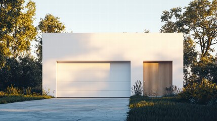 Wall Mural - Modern Minimalist Garage: A sleek, contemporary garage design featuring a pristine white facade, a large double door, and a subtle wooden accent door.  The structure is nestled amongst lush greenery.