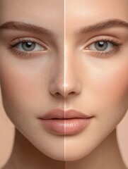 Fototapete - Exploring the contrast between natural beauty and glamorous makeup in a split face perspective. Generative AI