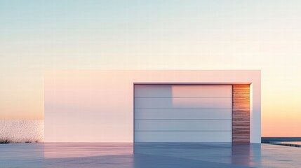 Wall Mural - Sunset Minimalist Architecture: A sleek, modern building with a minimalist design features a large, open garage door, set against a breathtaking sunset sky.