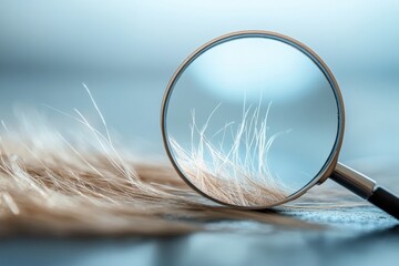 Poster - Magnifying glass highlighting details of a damaged hair strand on a surface under soft lighting. Generative AI
