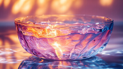 A beautiful, colorful transparent decorative bowl filled with water, casting mesmerizing light reflections. Modern, blurred background with empty blank caption space on the side, evoking serenity.

