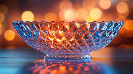 A beautiful, colorful transparent decorative bowl filled with water, casting mesmerizing light reflections. Modern, blurred background with empty blank caption space on the side, evoking serenity.

