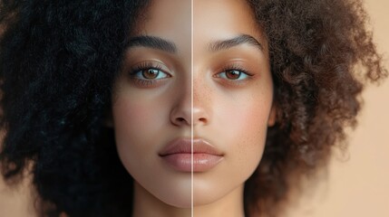 Poster - Half natural face and half makeup look showcasing beauty diversity and self expression techniques. Generative AI