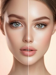 Poster - Face showcasing natural beauty on one side and elaborate makeup on the other in a soft light setting. Generative AI