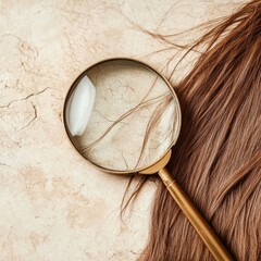 Fototapete - Magnifying glass revealing details of a damaged hair strand on a textured surface. Generative AI