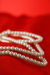 Wall Mural - Beautiful pearl necklace on red silk, closeup