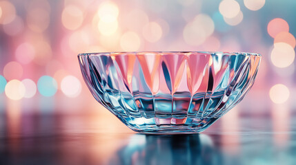 A beautiful, colorful transparent decorative bowl filled with water, casting mesmerizing light reflections. Modern, blurred background with empty blank caption space on the side, evoking serenity.

