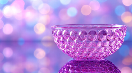 A beautiful, colorful transparent decorative bowl filled with water, casting mesmerizing light reflections. Modern, blurred background with empty blank caption space on the side, evoking serenity.

