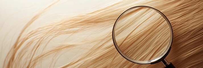 Fototapete - Magnifying glass reveals details of a damaged hair strand on a neutral background. Generative AI