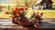 © Lena - Traditional Dutch wooden shoes filled with vibrant tulips on rustic table, celebrating tulip festival and spring heritage