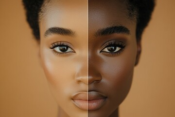 Fototapete - Natural beauty meets full makeup in a striking dual appearance showcasing diverse expressions of self. Generative AI