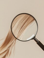 Fototapete - Magnifying glass reveals details of a damaged hair strand with a focus on texture and structure. Generative AI