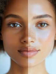 Poster - Natural beauty meets glamour in striking half and half makeup representation. Generative AI