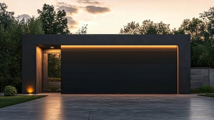 Wall Mural - A modern garage in deep charcoal black, minimalist, LED frame lighting, soft sunset gradient background