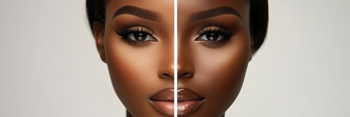 Poster - Natural beauty meets elaborate makeup in a captivating contrast portrait showcasing diversity and artistry. Generative AI