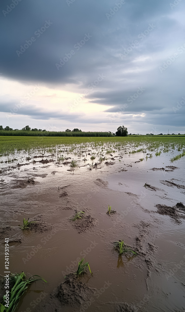 Waterlogged and flooded rice fields with furrows stand in stark ...