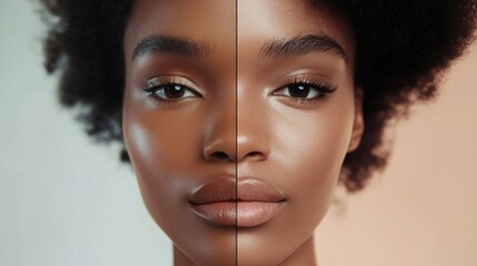 Poster - Natural beauty meets artistry as one side reveals no makeup and the other showcases vibrant cosmetic application. Generative AI