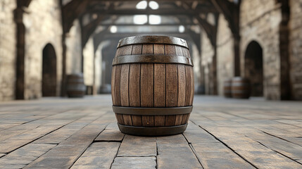 A rustic wooden barrel artwork symbolizes tradition and heritage, set against a clean, bright background with modern minimalism, highlighting contrast and inviting reflection on timeless values.

