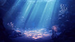 © Thiago - A serene underwater scene showcasing beams of light illuminating the ocean floor, creating a tranquil and peaceful ambiance. Underwater Worlds. Illustration