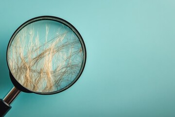 Aufkleber - Magnifying glass reveals details of a damaged hair strand on a blue background. Generative AI