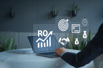 Poster - Strategic Business Planning: Analyzing ROI & Growth. A businessman diligently works on his laptop, surrounded by digital icons representing key performance     