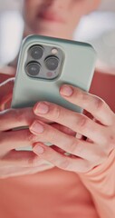 Poster - Closeup, woman and fitness with smartphone for social media, connection or scroll for tips video. Low angle, female person and hands with mobile for application, yoga tutorial or digital with contact