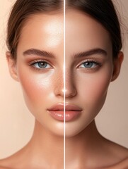 Poster - Side by side comparison of natural and fully made up face highlighting beauty transformations. Generative AI