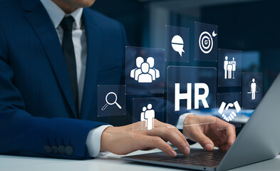 Poster - Strategic HR Management: Businessman Navigating Digital Icons of Recruitment, Employee Hierarchy, Performance Analysis, Leadership, and Team Building for       